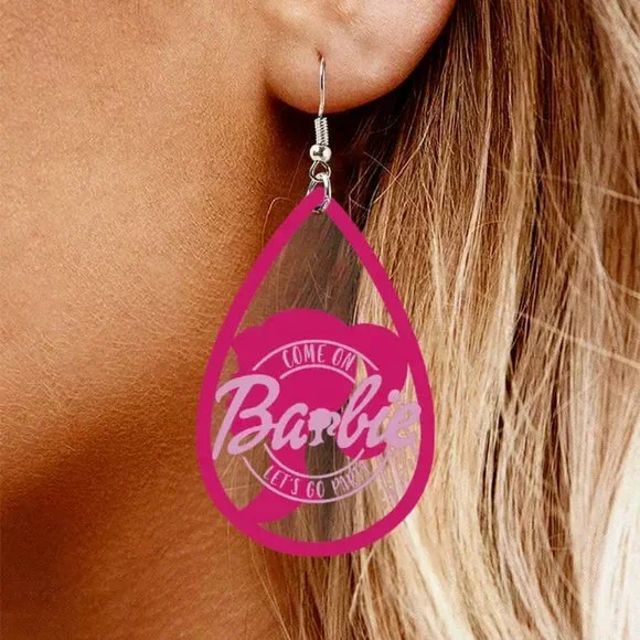 Barbie Come On Let's Go Party Pink Cold Shoulder Knit Top & Earrings Womens Size - Picture 2 of 14